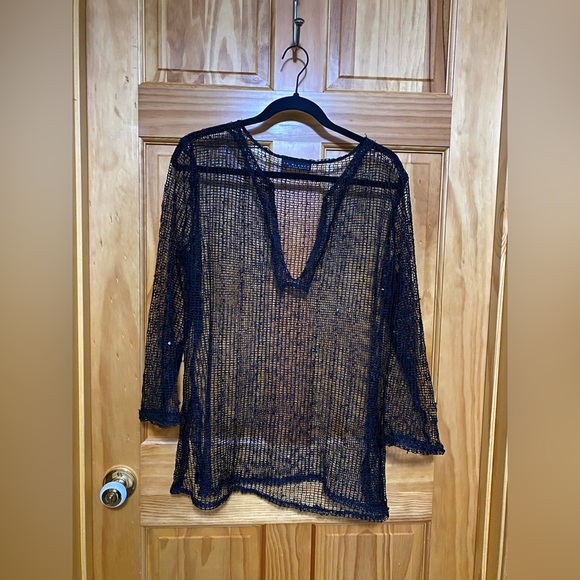 La Blanca by Rod Beattie Sheer Mesh Crochet Swim Cover Up w/ Sequins, Size Large - Picture 3 of 9